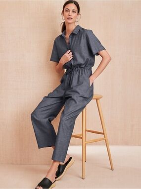 Eileen Fisher Airy Organic Cotton Twill Easy Fit, Ankle Length Jumpsuit NWOT L